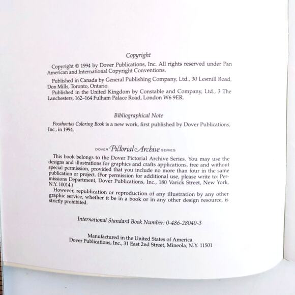 Pocahontas Coloring Book Dover Brian Doherty VTG 1994 New Unused Uncolored - Picture 5 of 7